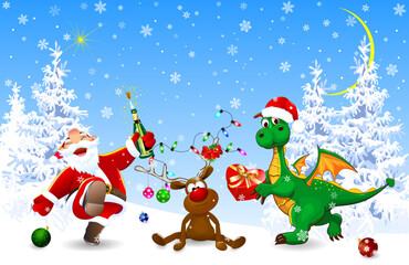 Santa, deer, and green dragon celebrate Christmas. Santa, deer, and dragon celebrate Christmas in the winter forest. Winter snowy night on Christmas Eve
