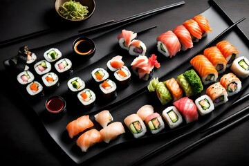 An artfully arranged sushi platter featuring a variety of colorful rolls, wasabi, pickled ginger, and soy sauce on a sleek black plate