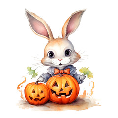 Cute cartoon watercolor halloween rabbit with a pumpkin on a transparent background