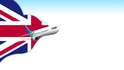 3d illustration plane with United Kingdom flag background for business and travel design