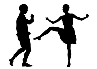 Young people are dancing in a nightclub. Isolated silhouettes on white background