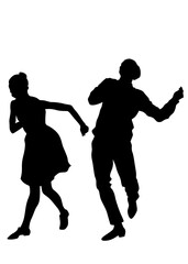 Young people are dancing in a nightclub. Isolated silhouettes on white background