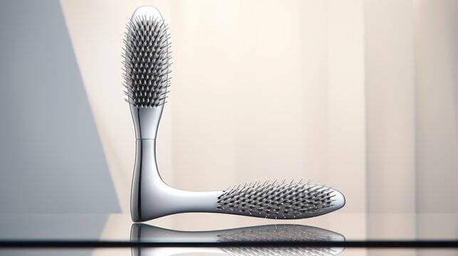 a captivating image of a sleek silver hairbrush against a luxurious white backdrop, emphasizing its modern design.
