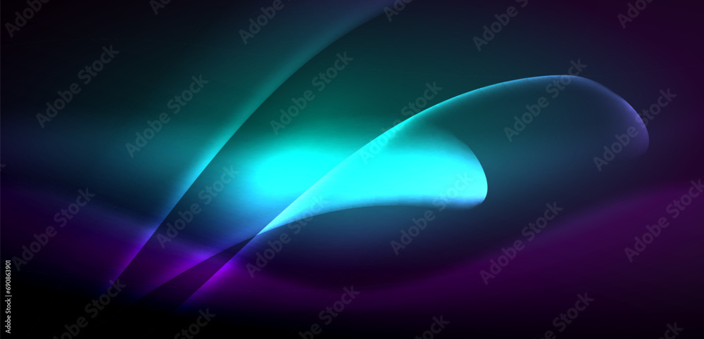 Poster Dynamic waves in ethereal glow of neon lights. Concept merges fluidity of motion with vibrant allure of neon, crafting entrancing backdrop that embodies both vitality and futuristic sophistication
