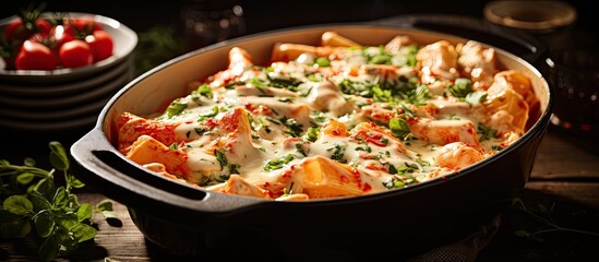 Closeup of tuna casserole with tomato cream sauce and mozzarella in a baking dish.