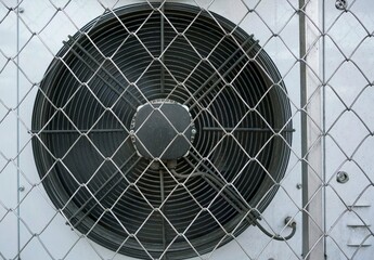 Air conditioner fan in steel grid fence on the roof of the building.