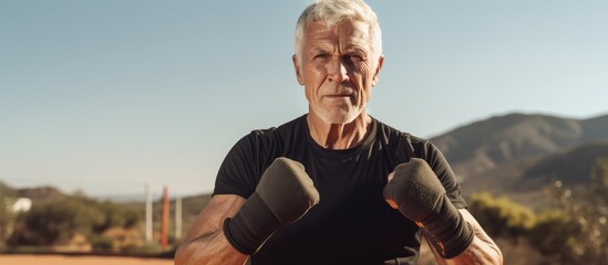 Active senior man, looking determined, boxing outdoors in a sunny summer day, wearing black t-shirt and wristbands. Martial arts and sport activities. - obrazy, fototapety, plakaty
