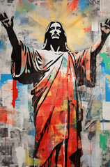 The poster image of the Cristo Redentor statue contains various collages with a canvas painting style. AI Generated imaghes