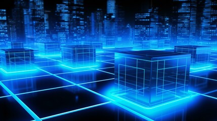 Futuristic cityscape with a blue background, representing a technological and modern urban environment