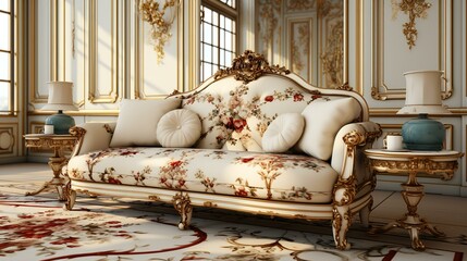 An interior design image featuring luxurious and classic furniture. The room is adorned with antique elements, creating an elegant and rich atmosphere