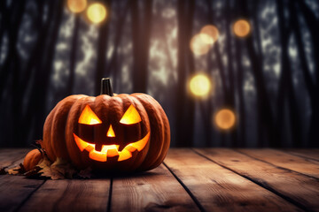 Fototapeta premium Halloween Pumpkin with Glowing Eyes, Forest Sunset Halloween Scene