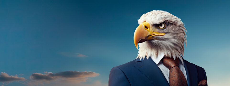 A majestic eagle in a tailored suit set against a serene sky - a symbol of leadership and determination