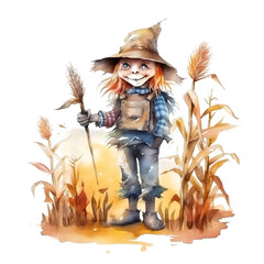 Cute cartoon watercolor halloween scarecrow on a transparent background - obrazy, fototapety, plakaty