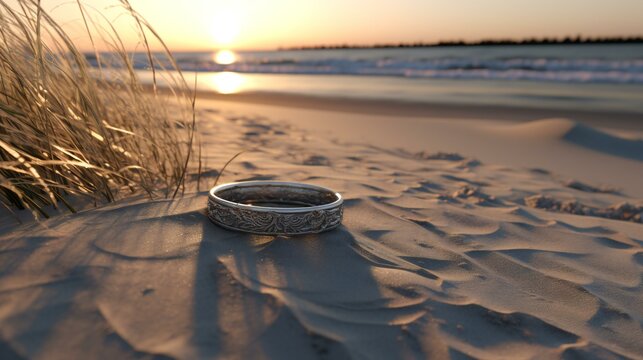 Symbolic beach wedding ring in the sand, representing love, marriage, and paradise