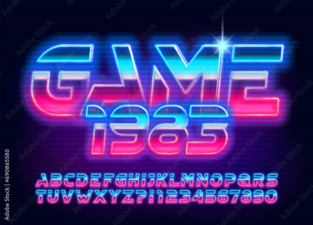 Fototapete game 1983 alphabet typeface. 80s style glowing neon letters and numbers. stock vector typescript for