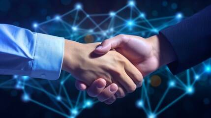 Digital handshake with a blue background, conveying concepts of business, partnership, and connectivity