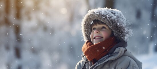 Fototapeta premium Child enjoying outdoor winter activities in snowy forest. Fun for families with kids in nature.