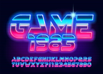 Game 1983 alphabet typeface. 80s style glowing neon letters and numbers. Stock vector typescript for your design. - obrazy, fototapety, plakaty