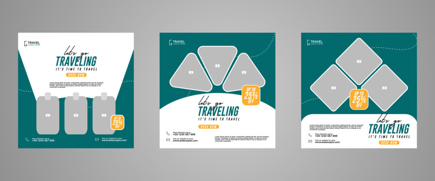 Holiday travel, traveling or summer beach travelling social media post or web banner template design. Tourism business marketing flyer or poster with abstract digital background, logo and icon.