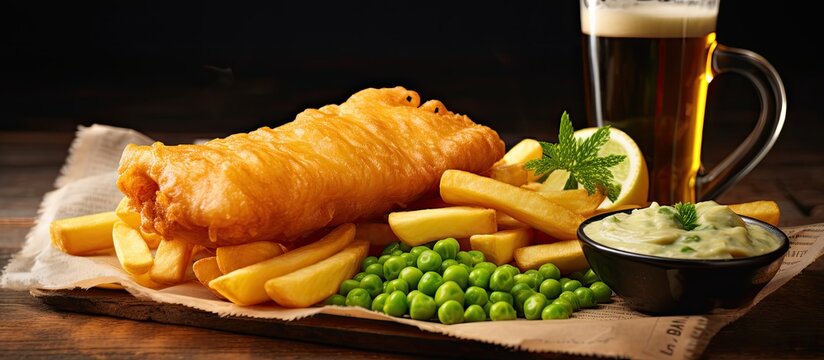 Classic British fish and chips served with peas, tartar sauce on paper with beer.