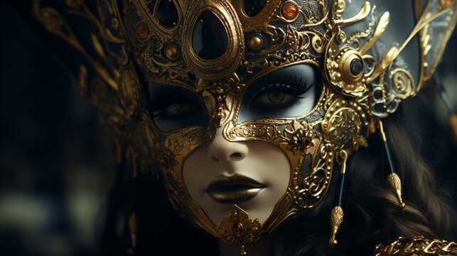A close-up portrait of a woman wearing a Venetian mask during a carnival, highlighting the beauty, mystery, and elegance of the masquerade tradition