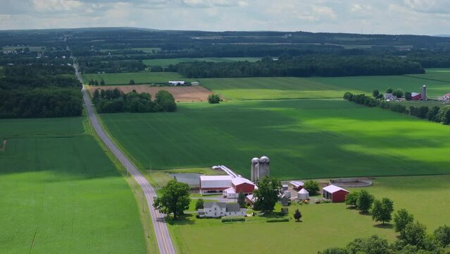 Typical American farm with silos in rural Midwestern USA. Agricultural landscape in United States
