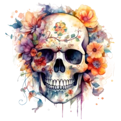 Foto op Plexiglas Aquarel doodshoofd Cute cartoon watercolor halloween skull with flowers on a transparent background