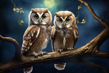  A pair of wide-eyed baby owls perched on a tree branch, their feathers fluffed up against the cool night air as they survey the moonlit landscape.