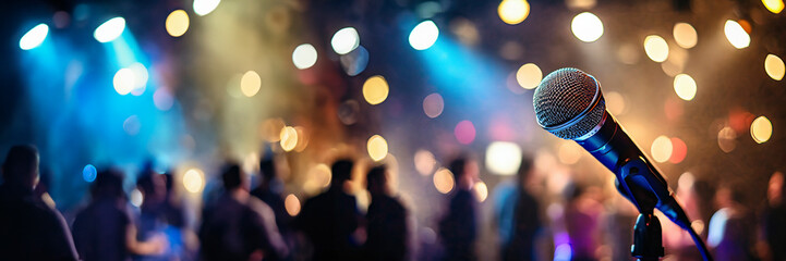 microphone on stage with blurred people and lights in background - obrazy, fototapety, plakaty
