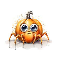 Obraz premium Cute cartoon watercolor halloween spider with a pumpkin on a transparent background