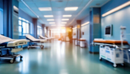 Fototapeta premium Empty hospital corridor with medical equipment. Blurred background, selective focus