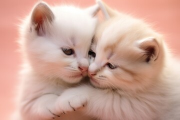  A pair of adorable kittens cuddled together, one playfully batting at the other's tail, set against a soft pink backdrop.