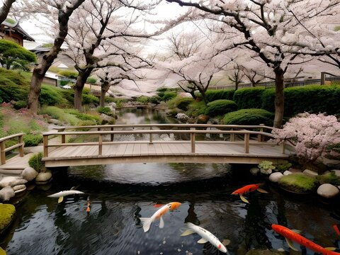 Conceptual Japanese Zen Garden with Wooden Bridge and Koi Fish in The Pond with Cherry Blossoms