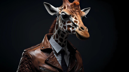 A giraffe in a rockstar leather jacket