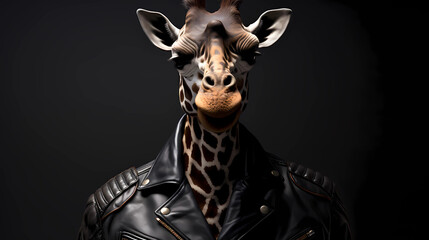 A giraffe in a rockstar leather jacket