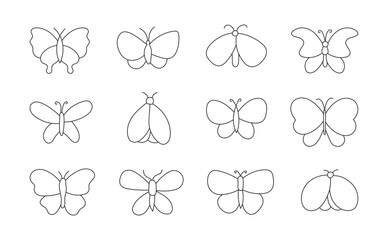 Butterfly linear coloring book element. Tattoo decorative design. Collection of individual insects decor.