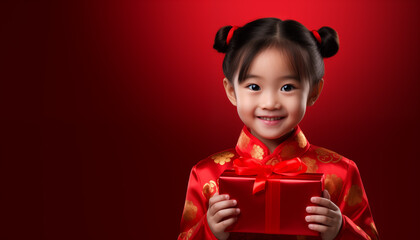 Happy Chinese new year, Asian kid girl holding gift box wearing traditional cheongsam dress on red background, Generative AI