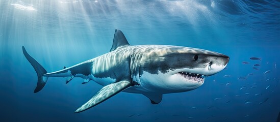 Fototapeta premium Pacific Ocean near Guadalupe Island, Mexico hosts a Carcharodon carcharias, commonly known as a great white shark.