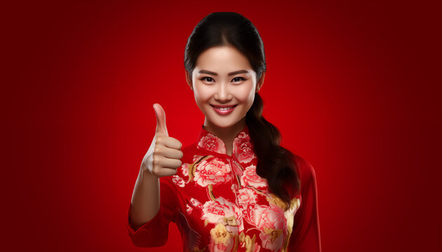 Happy Chinese new year, Asian woman doing thumb up wearing traditional cheongsam qipao dress with congratulation gesture hand on red background, Generative AI