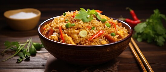 Chicken fried rice is a popular Indo-Chinese street food served with chopsticks.