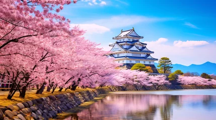 Poster 桜と日本の城、満開のさくらとお城の春の風景 © tota