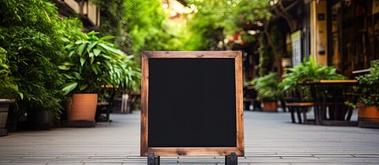 Wooden-framed black board on city street pavement.