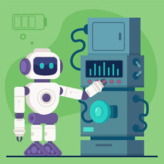 Robot operating machine vector illustration. Production, industry, artificial intelligence, service concept