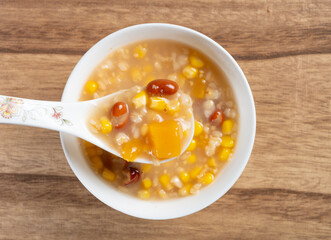 top view syrup with sweet potato and kidney beans and maize