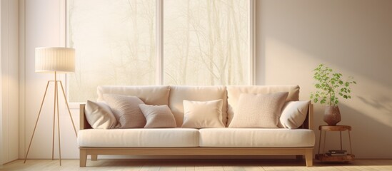 Beige sofa and wooden lamp in bright living room by window.