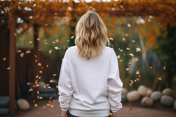 Fashion and style concept. Woman with white blank sweatshirt portrait. Girl standing back to camera in yellow autumn trees background. Model wearing white blank sweatshirt or sport jumper - obrazy, fototapety, plakaty