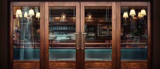 Wooden framed double glass doors lead to the coffee shop.
