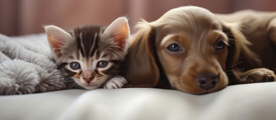 Dachshund puppy of chocolate color and kitten in white.