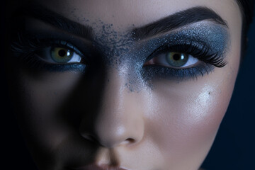 Fashion, style and make-up concept. Close-up beautiful woman with blue, shining and fancy eyeshadows make-up portrait. Dark and sensual mood and background