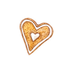 Heart-shaped ginger cookies with white icing. Hand drawn watercolor illustration. Holiday baking. Isolated element on white background.
